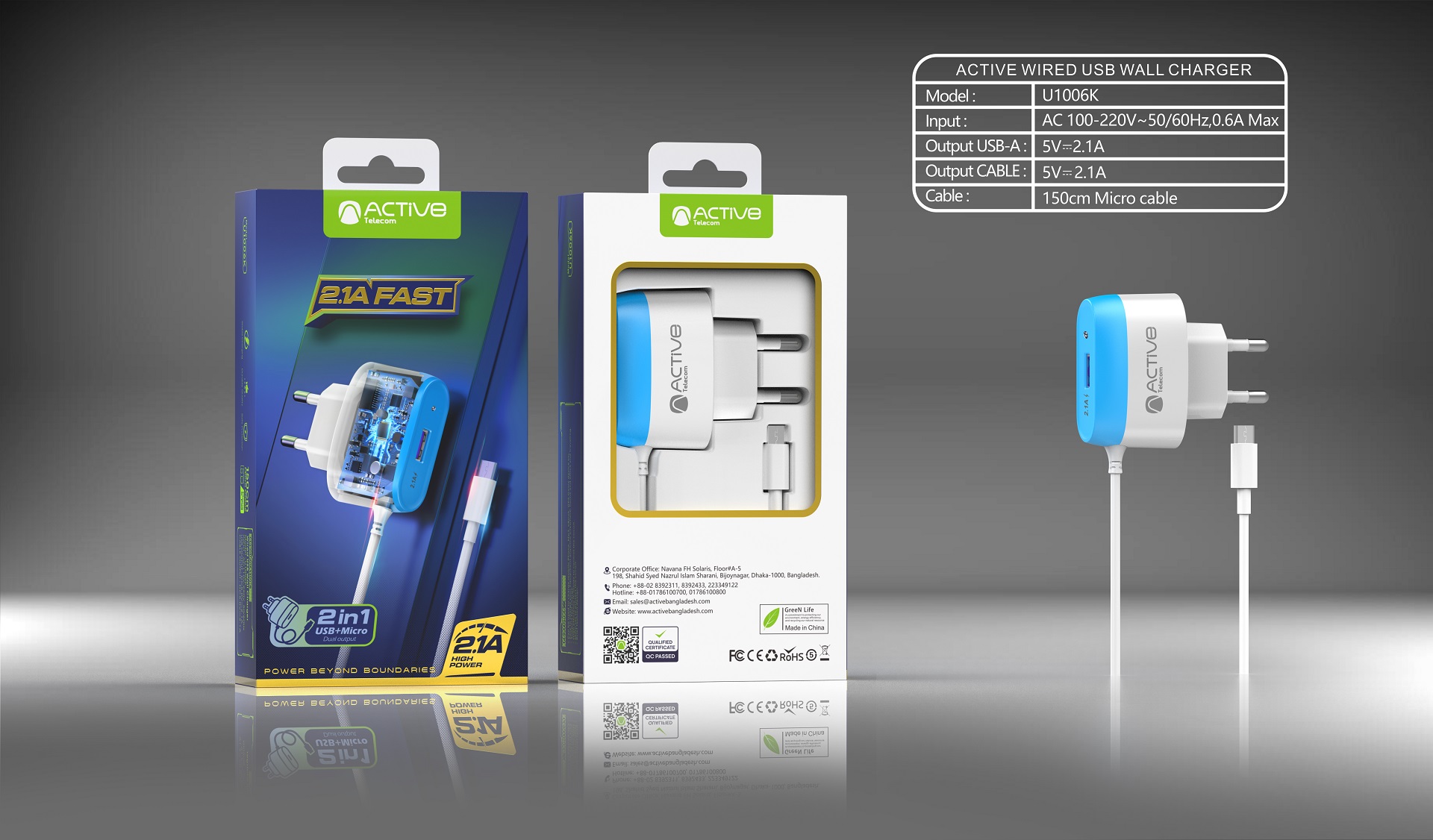 ACTIVE WIRED USB WALL CHARGER